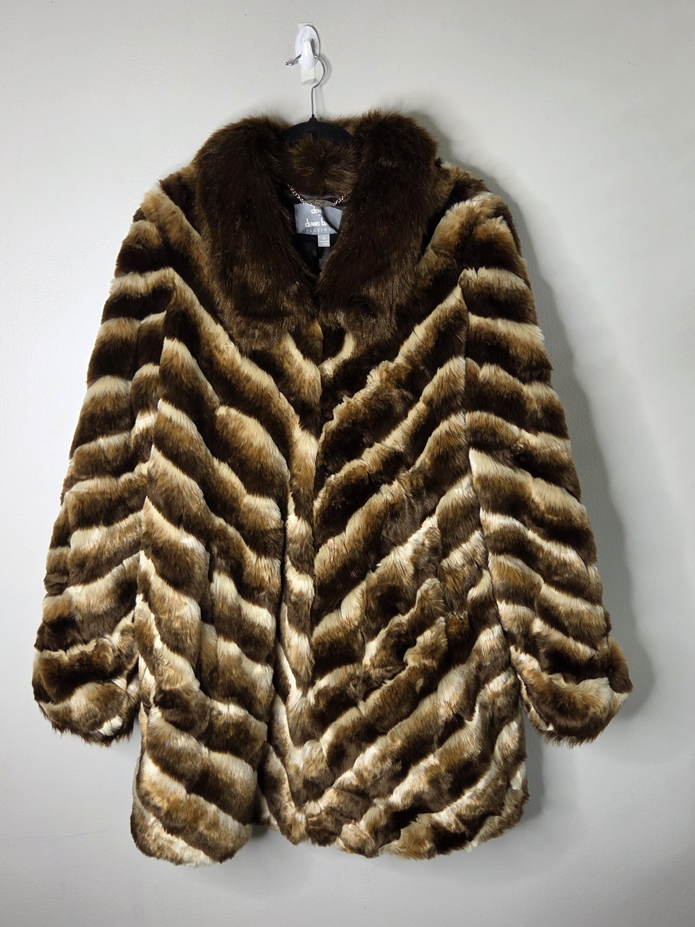 Dennis Basso Platinum Chevron Striped Faux Fur Coat